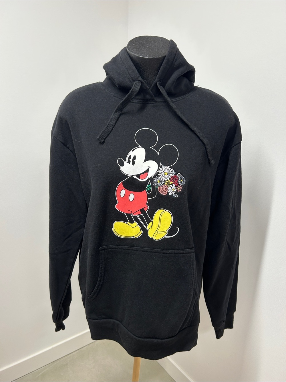 Disney Black Mickey Mouse Hoodie with Red, Yellow & Multicolor Floral Print